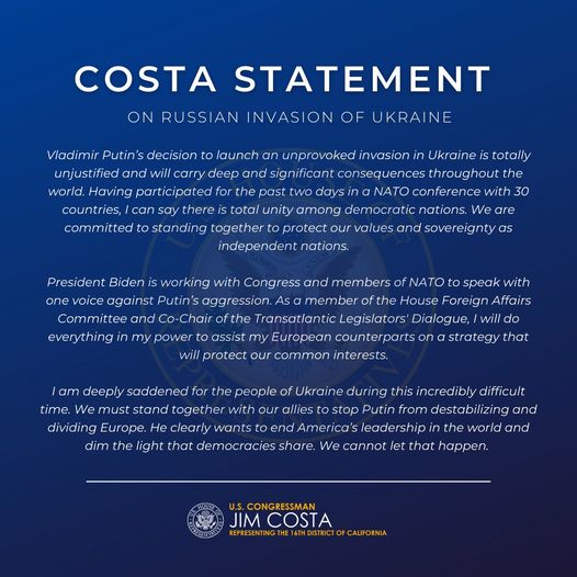 You are currently viewing Rep. Jim Costa Statement on Russian Invasion of Ukraine