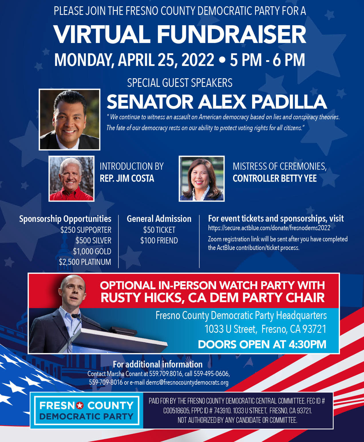 You are currently viewing Fundraiser Monday, April 25 5 PM join via Zoom or in-person watch party at Dem HQ with CADEM Chair Rusty Hicks