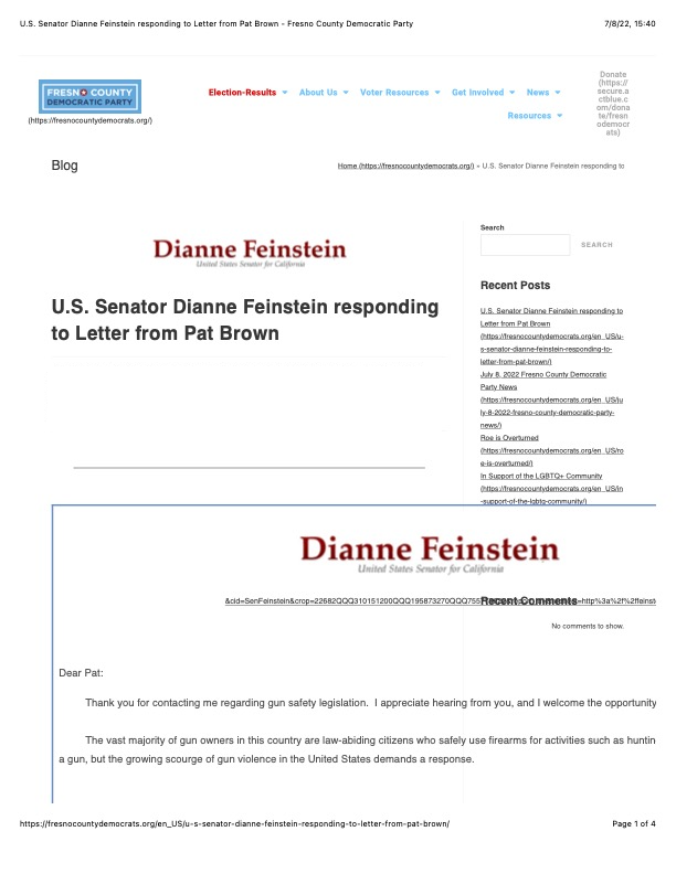 Read more about the article U.S. Senator Dianne Feinstein responding to Letter from Pat Brown